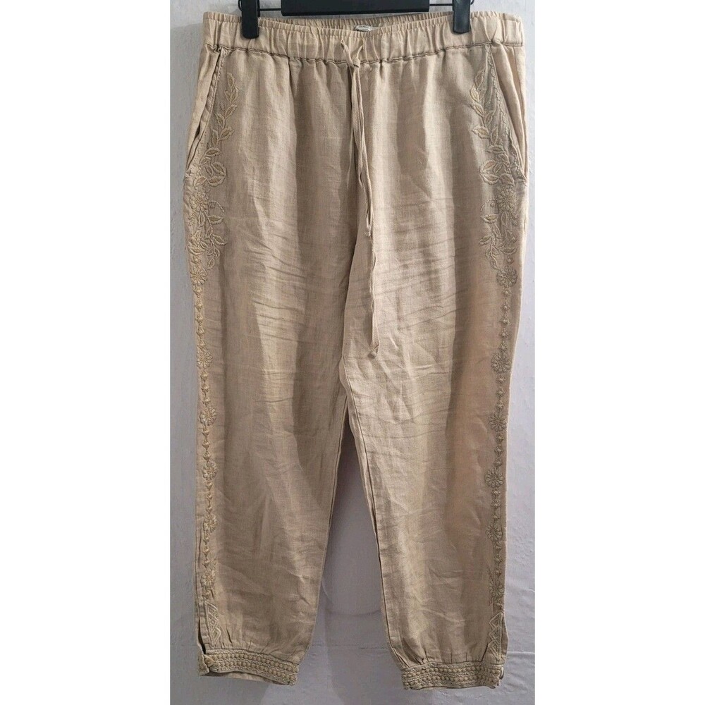 Johnny Was Linen Embroidered Jogger Pants Women's M Beige Drawstring Boho